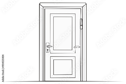 Simple line art drawing of a closed front door. Black and white vector illustration of an entrance with a handle and lock.