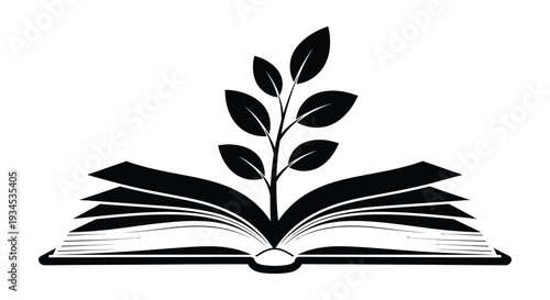 An open book with a growing plant sprouting from its pages representing knowledge and growth a silhouette