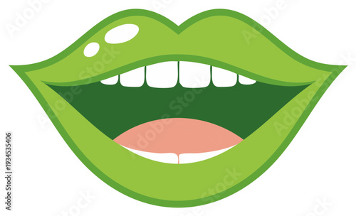 Expressive open mouth with shiny green lips and white teeth cartoon vector illustration