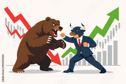 Bull and Bear Market Fight Concept Illustration with Businessman in Suit Wearing Bull Head Mask Battling Angry Bear Against Stock Market Charts with Rising Green and Falling Red Trend Arrows and