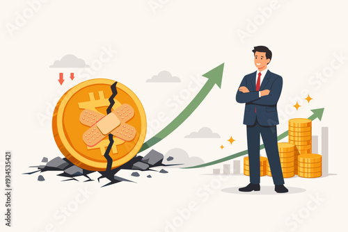 Successful businessman watching Bitcoin price recovery after a market crash. A cracked gold BTC coin with band-aids sits in a crater while a green arrow points up towards financial growth and profit.