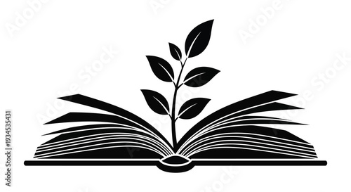An open book with a plant growing from its pages depicted as a striking black silhouette high quality