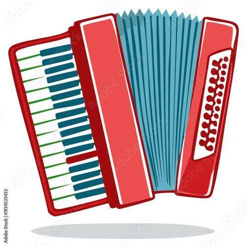 Red accordion musical instrument with blue bellows and white keys