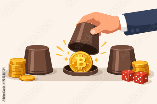 Bitcoin Bet and Cryptocurrency Investment Concept with Hand Playing Shell Game to Reveal BTC Coin, Gambling and Risk in Digital Currency Market with Dice and Gold Coins Vector Illustration.