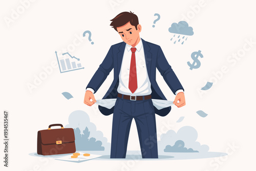 Broke Businessman Showing Empty Pockets Due to Bankruptcy and Financial Crisis, Sad Unemployed Man Facing Economic Recession, Job Loss, Debt, and Money Problems, Vector Illustration Concept.