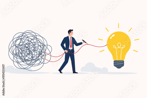 Professional Businessman Untangling a Messy Ball of Chaos to Create a Bright Idea Light Bulb. Concept of Problem Solving, Simplification, Creativity, and Finding Solutions from Difficulty.
