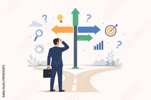 Businessman at a crossroads making a difficult choice for business strategy and career development. Concept of finding the right direction, decision making, goal setting, and problem solving.