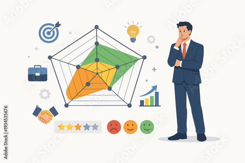 Professional Businessman Evaluating Performance Review with Radar Chart for Skill Assessment, Candidate Appraisal, Measurement of Areas to Improve, and Business Growth Analysis Illustration.