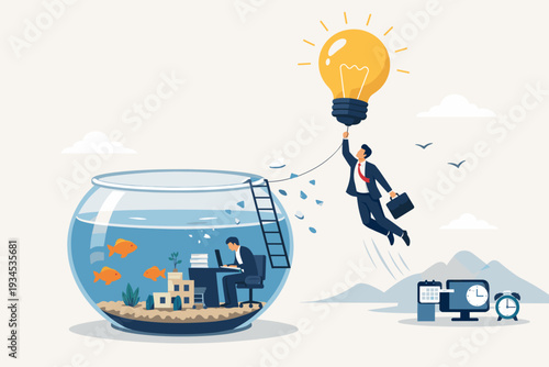 Businessman Escaping Routine Job in Fishbowl Using Giant Lightbulb Idea for Entrepreneurship, Freedom and Creative Business Solution to Start New Career Path, Innovation and Success Concept Vector