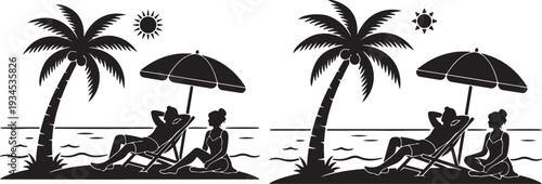 Tropical Beach Couple Relaxing Under Palm Tree Silhouette Vector Set