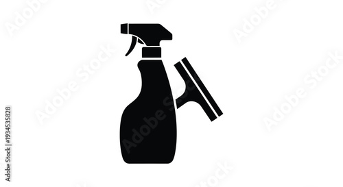 A stark black silhouette depicts a spray bottle and squeegee commonly used for cleaning tasks silhouette high quality