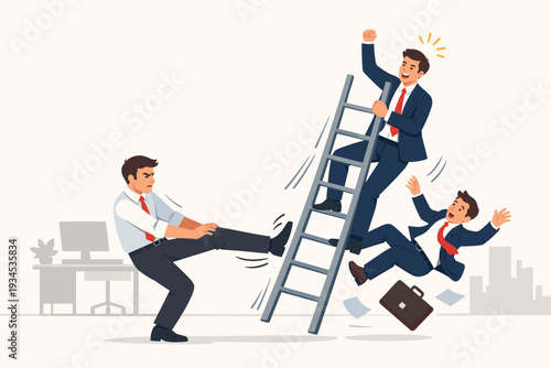 Angry businessman kicking the corporate ladder to sabotage successful coworkers. One colleague falls while another climbs up. Concept of jealousy, unfair competition, envy, and office rivalry.