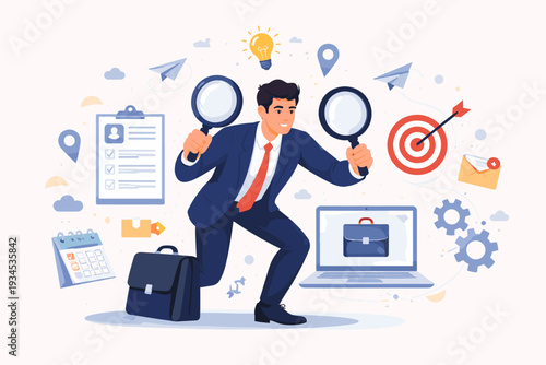 Businessman in suit with magnifying glasses searching for job opportunities and career growth, surrounded by recruitment icons like resume, target, laptop, and briefcase for employment concept.