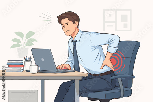 Businessman suffering from severe lower back pain while working at his office desk with a laptop, illustration of office syndrome, poor posture, muscle strain, and spinal ache from long hours.