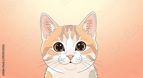 A cute cartoon cat with orange and white fur and big brown eyes looking directly at the viewer on a soft peach background