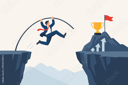 Ambitious businessman pole vaulting over a deep chasm to reach a mountain peak with a gold trophy and red flag, representing business success, overcoming challenges, leadership, and achievement.