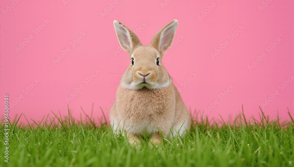 Fototapeta premium grass easter rabbit on a pink background 