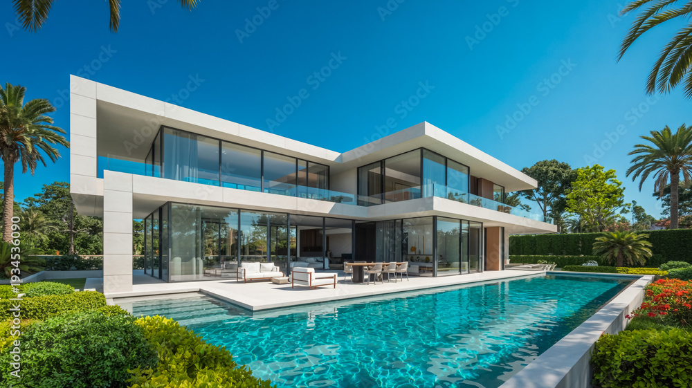Fototapeta premium Modern Two-Story White House With Large Swimming Pool And Tropical Garden For Luxury Real Estate And Vacation Rental Marketing