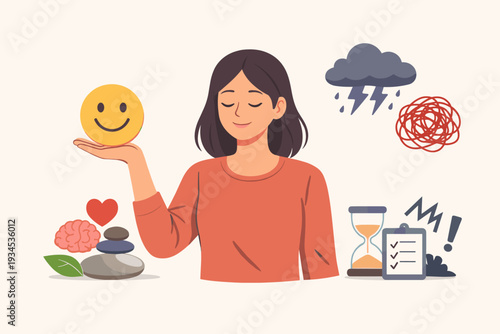 Emotional balance and stress management concept vector illustration featuring a woman choosing happiness over anxiety, mental health awareness, psychological stability, and mindfulness symbols.
