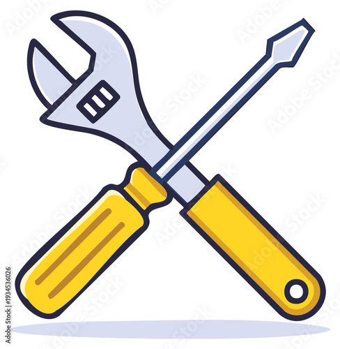 Cartoon style adjustable wrench and screwdriver crossed symbolizing repair service and maintenance work with yellow handles