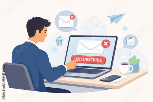 Man in a suit at a desk clicking a red unsubscribe button on a laptop screen to exit a mailing list, cancel subscription concept with email icons, paper plane, and spam management illustration.