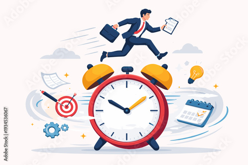Businessman Jumping Over Large Alarm Clock for Time Management, Work Productivity, and Efficiency Concept. Finish Project Within Deadline, Goal Achievement, and Business Success Vector Illustration