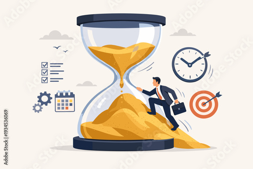 Time Management Concept with Businessman Climbing Sand Inside Hourglass, Managing Deadlines and Productivity with Clock, Calendar, Checklist, and Target for Career Success and Business Growth