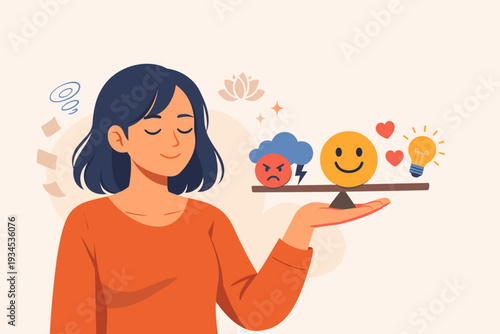 Emotional Balance and Stress Control Concept Illustration with a Woman Balancing Positive and Negative Feelings on a Scale, Promoting Mental Health, Mindfulness, and Emotional Stability.