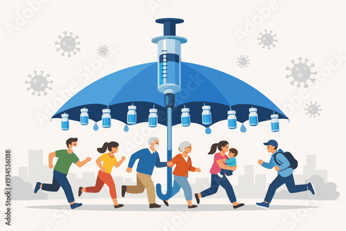 Vaccination campaign illustration showing diverse people running for protection under a large syringe umbrella with vaccine vials, representing herd immunity against coronavirus and COVID-19.