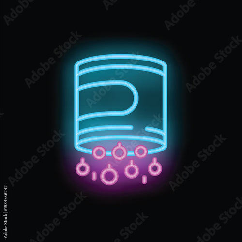 Neon database icon glowing with data droplets on black background symbolizing data mining and big data analysis