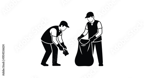 Two figures possibly gardeners or laborers are depicted carrying a large bag in a stark silhouette high quality