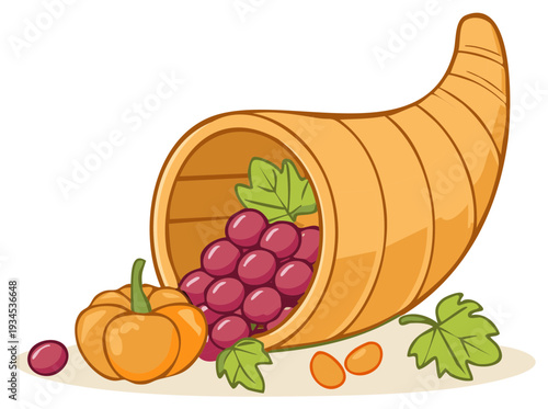 Festive cornucopia with grapes and pumpkin design element for fall holidays and harvest themes illustration