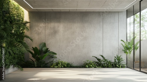 White concrete wall mockup in coworking space with glass partitions .