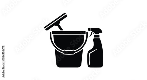 A black silhouette depicts cleaning supplies featuring a bucket spray bottle and squeegee against a white background silhouette