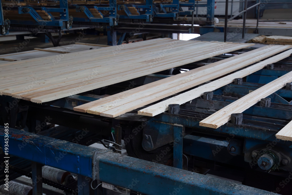 Naklejka premium Industrial plant sawmill - production of wooden boards with modern machines