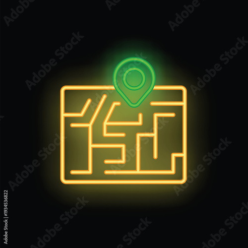 Neon pinpoint location icon is marking a position on a map with bright yellow and green neon light