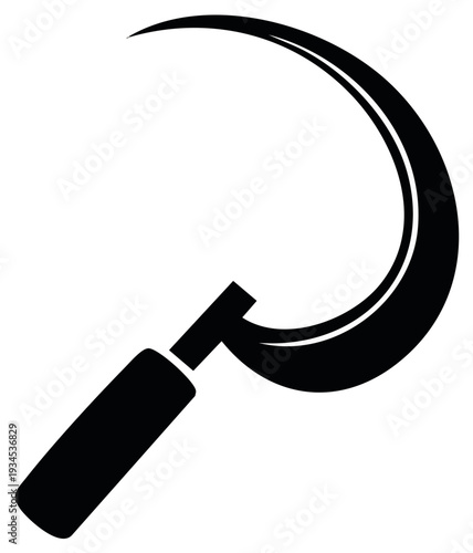 Stylized Sickle Graphic Tool for Farming and Harvesting with Curved Blade and Handle in Black Silhouette