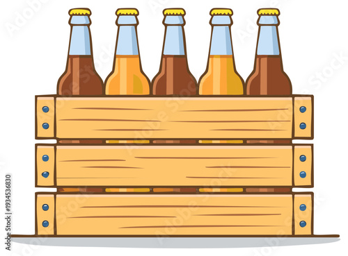 Illustrative Wooden Crate Full of Refreshing Beer Bottles in Varying Shades