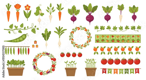 Flat icons of organic garden vegetables and plants set
