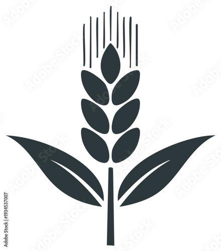 Stylized illustration of a single wheat stalk with leaves and rain drops