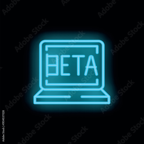 Neon blue glowing beta version software displayed on a laptop screen, representing cutting edge technology and innovation in a dark digital environment