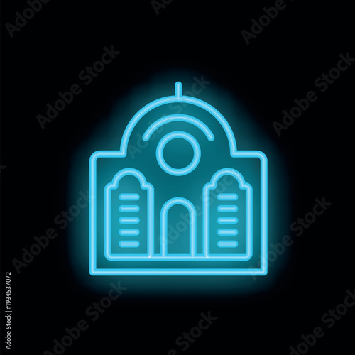 Bright neon blue synagogue building glowing on a black background, representing jewish culture, religion, and community