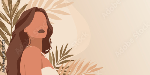 Abstract portrait of a woman with botanical elements and neutral tones