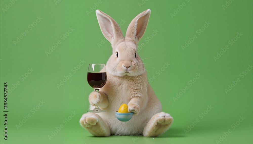 Fototapeta premium Easter bunny with a glass of wine on a green background. 