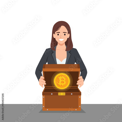 Businesswoman Presenting Bitcoin Treasure Concept. Flat vector illustration isolated on white background