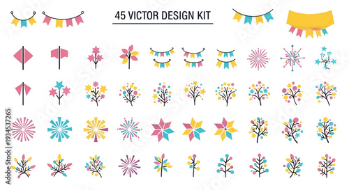 Festive celebration vector design kit with flags and fireworks
