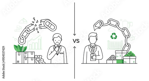 A comparative line art illustration shows a broken supply chain with a sad businessman versus a successful, sustainable supply chain with a confident businessman.