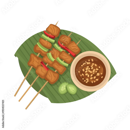 Indonesian Chicken Satay with Peanut Sauce on Banana Leaf Illustration
