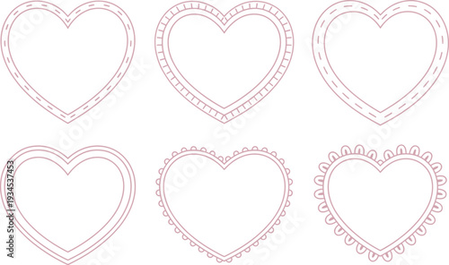 Elegant set of 6 pink heart outlines with minimalist stitching and outlines