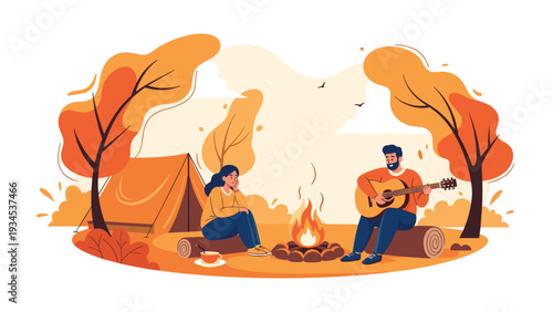 Young couple enjoying a cozy camping trip in autumn with a man playing guitar by a bonfire and a woman relaxing near their tent.
